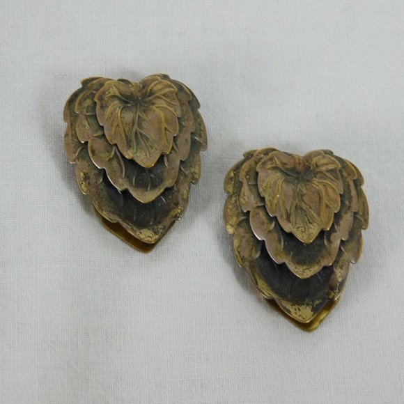 Set of 3 Leaves Leaf Layered Brass Tone Metal Vintage Dress Scarf Clips Textured - Picture 5 of 8